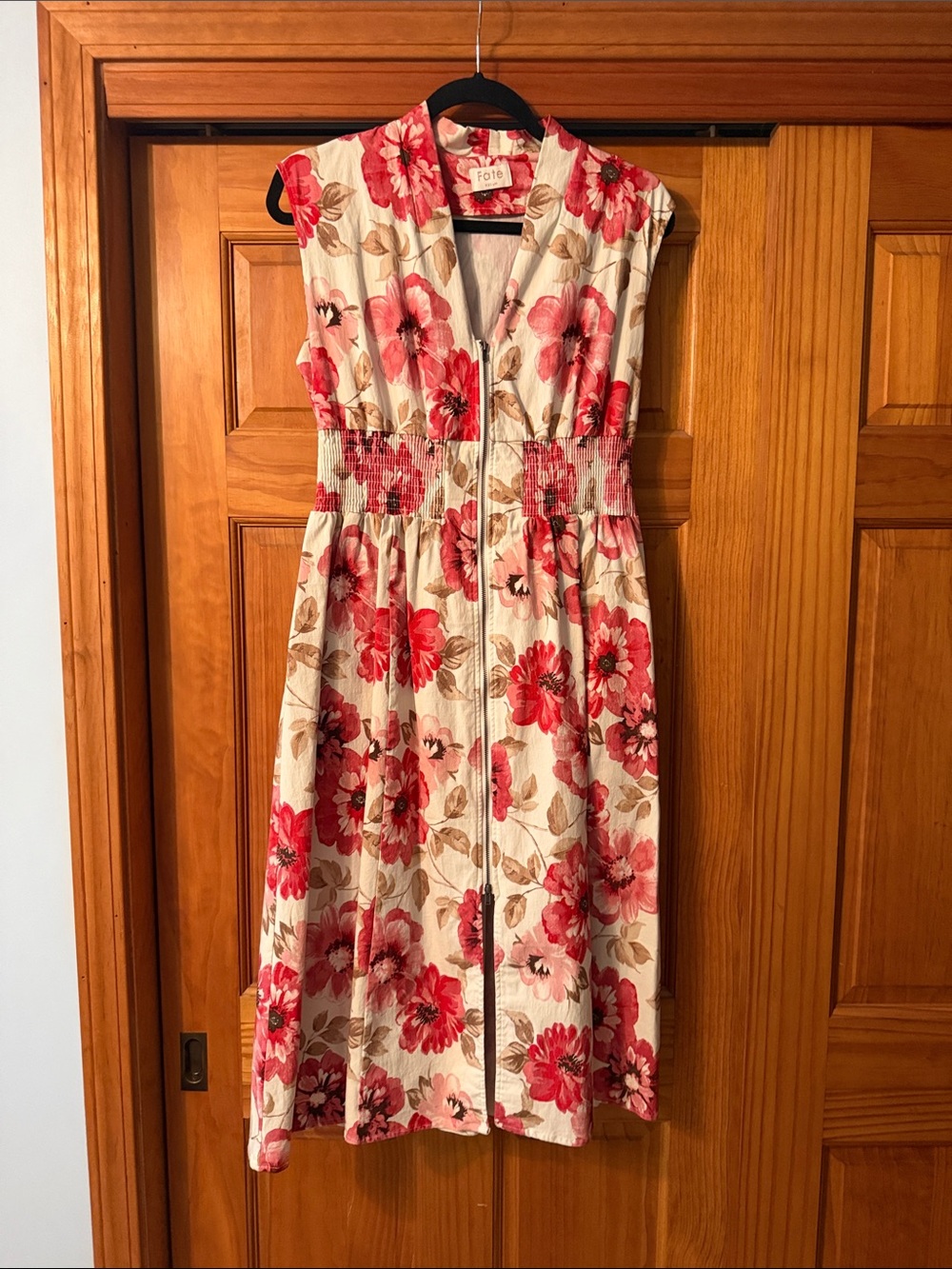 Fate Floral Zip-Front Midi Dress in Cream and Pink-Red